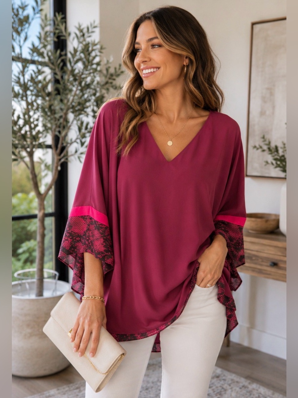 White House Black Market Pinot Colorblock Kimono Blouse NWT Med Snake Print Trim